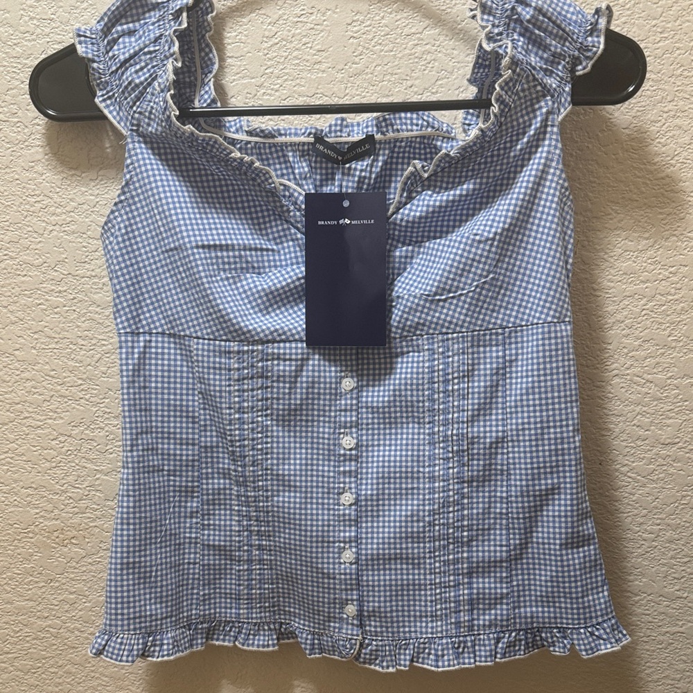 Brandy Melville Blue Checkered Ruffle Blouse